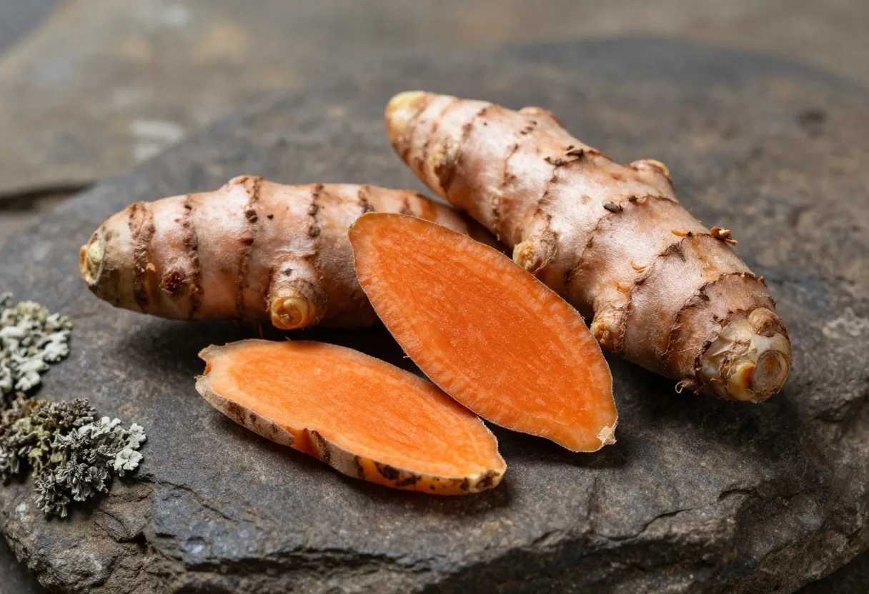 Turmeric and ginger root on warm stone