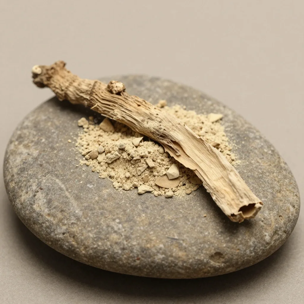 Ashwagandha root and maca powder in a ceramic bowl