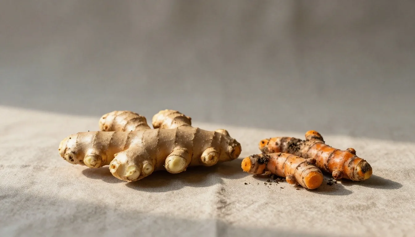 Fresh ginger root and turmeric on linen
