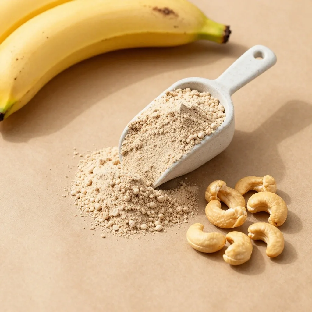 Protein powder, fruit, and nuts on paper